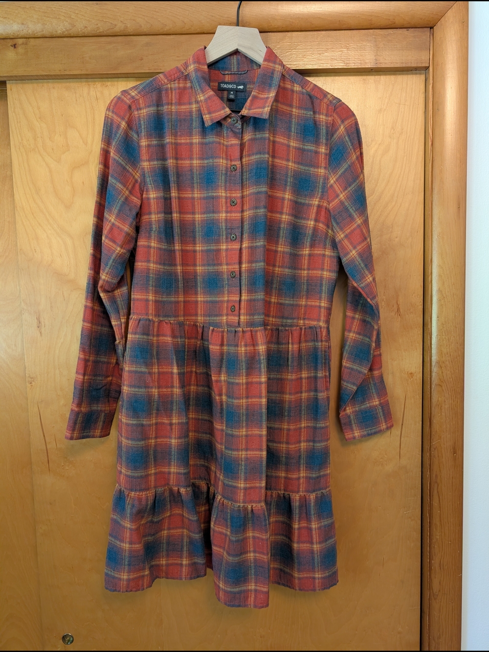 Toad&Co Plaid Shirt Dress in Rust, Blue, and Yellow